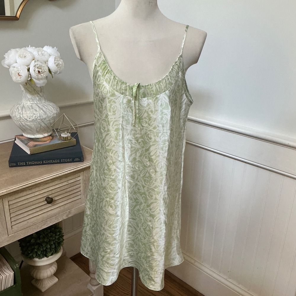Oscar de la Renta Pink Label Sage Green Floral Satin Chemise Nightgown Size M